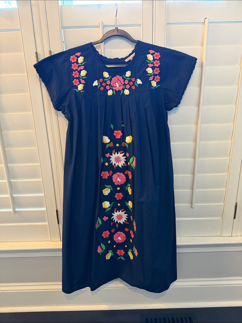 Frances Valentine Navy Midi Dress with Multicolor Embroidery